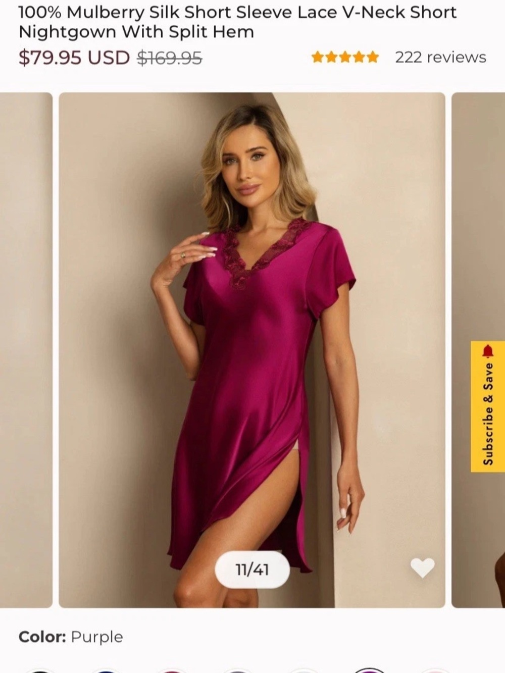 SILKSILKY  NWT 100% Silk Lace Neck Split Hem Nightgown Dress Color Wine Size XS - Picture 2 of 11